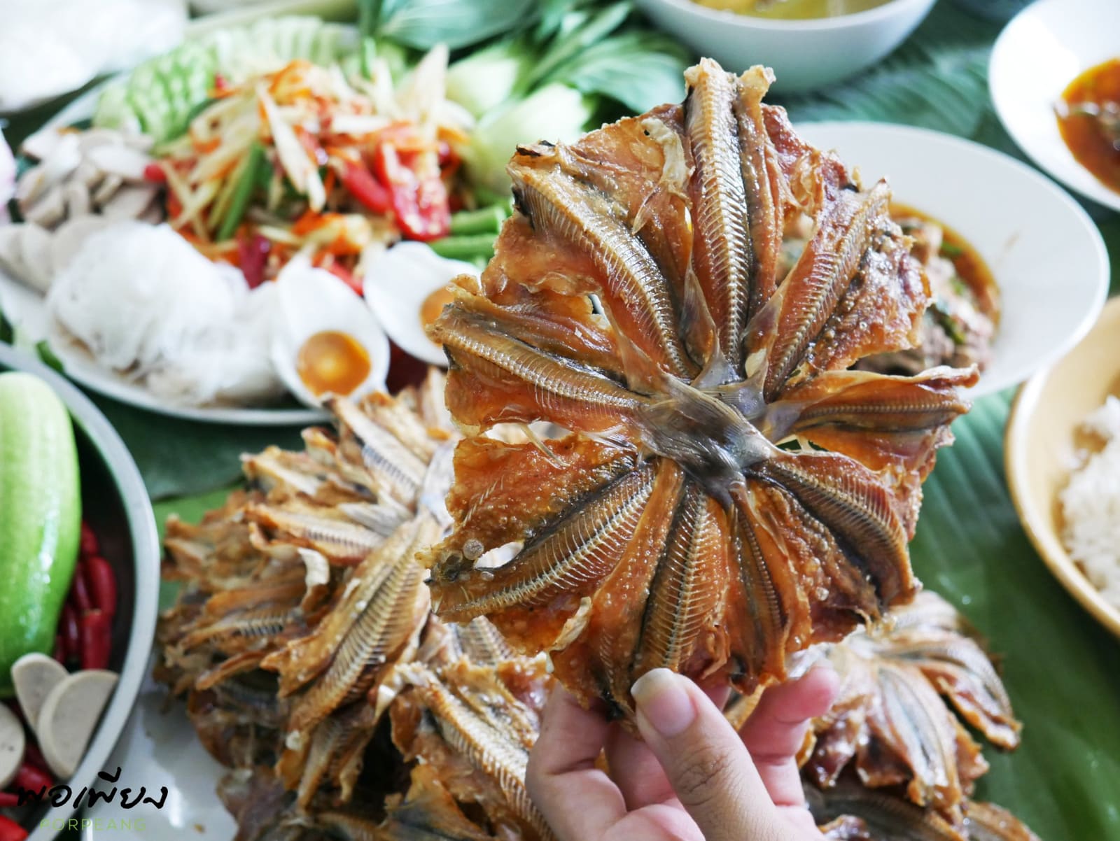 ปลาหัวโม่งแห้งทอดกรอบกับส้มตำและเครื่องเคียงหลายอย่าง